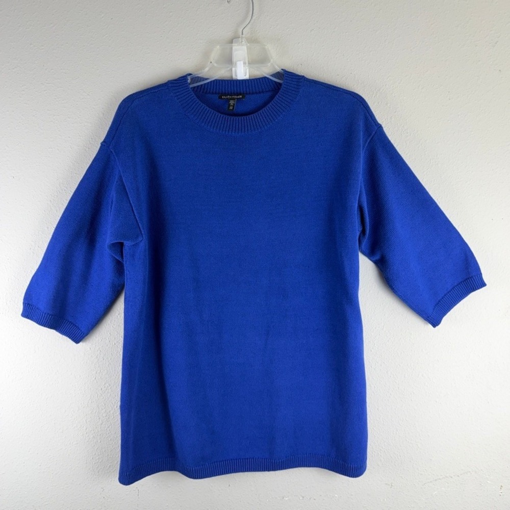Eileen Fisher Short Sleeve Sweater S/M Blue Organic Cotton Minimalist Luxury